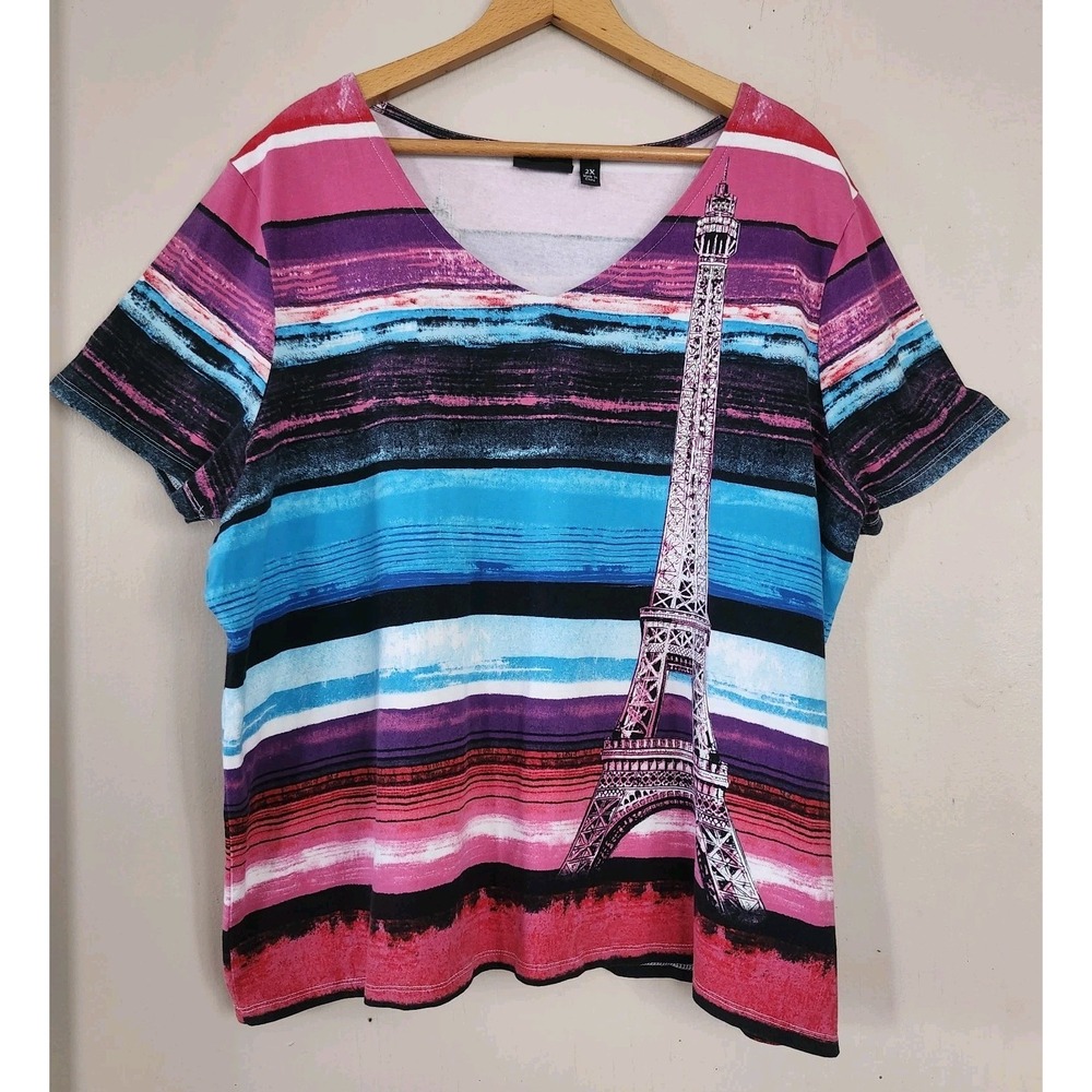 Onque Casual Womens 2X Eiffel Tower Paris Rhinestone Multicolor Top Shirt V Neck
